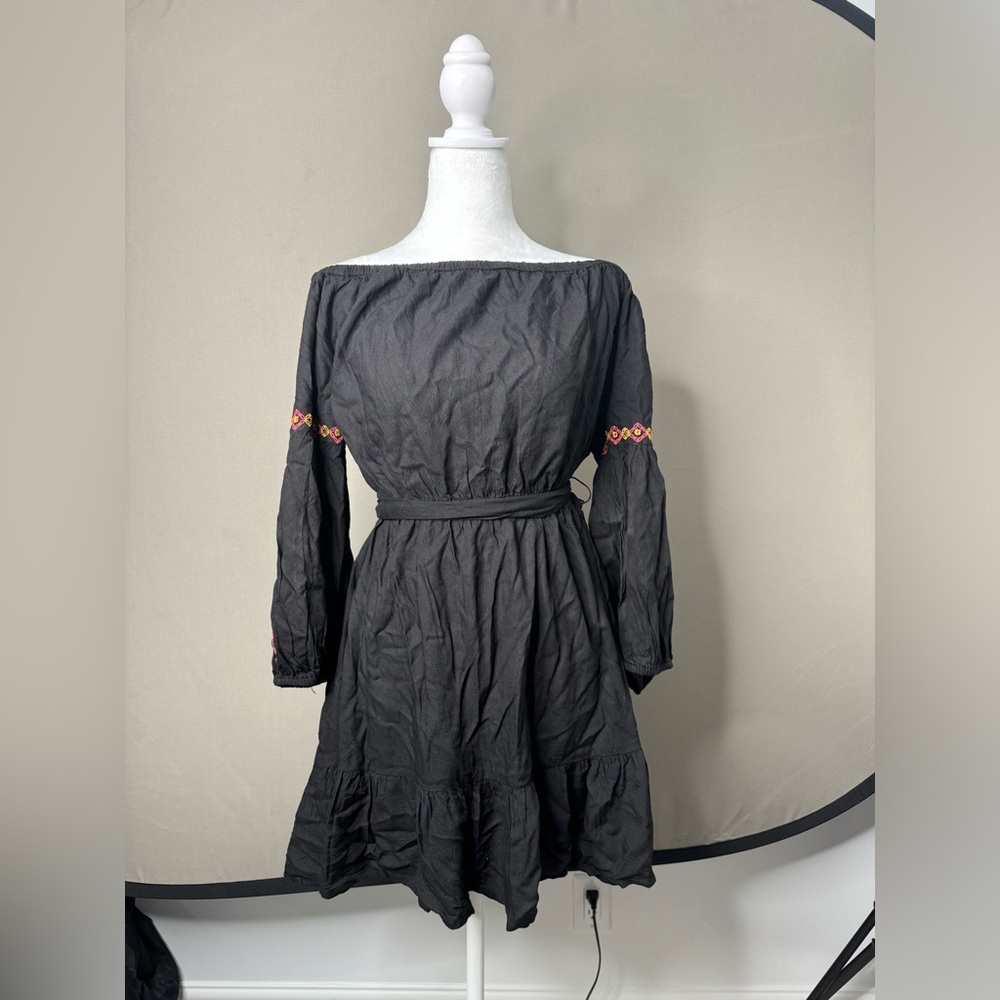 Feathers XL Black Boho Tunic Dress Over the shoulder Embroidery Made in India